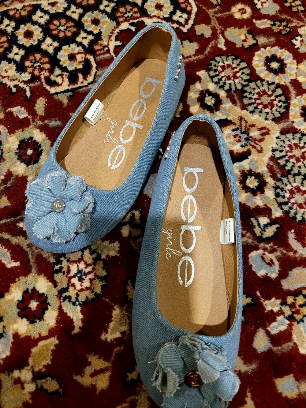Bebe Light Blue Denim Ballet Flats with Frayed Flower Accent